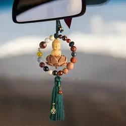 Buddha Statue Car Rearview Mirror Pendant, Rear View Mirror Pendant Gift, Wood,