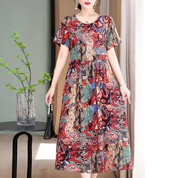 Nowa moda 2024 Letnie sukienki dla kobiet Plus Size O-neck Dress Print Vintage Krótkie proste naturalne sukienki Odzież damska