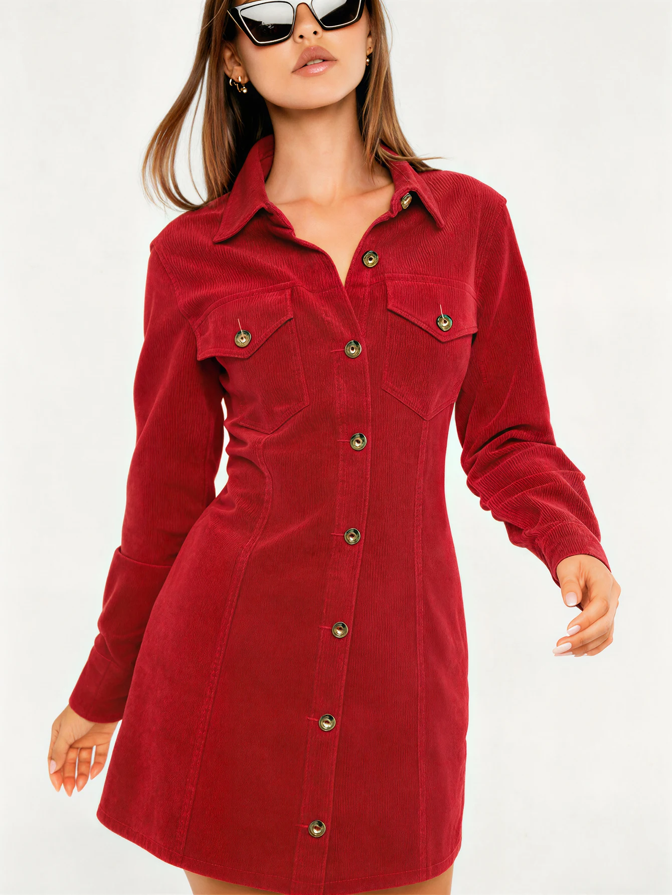 

Red Corduroy Button-Down Shirt Dress with Pockets, Long Sleeve A-Line Mini