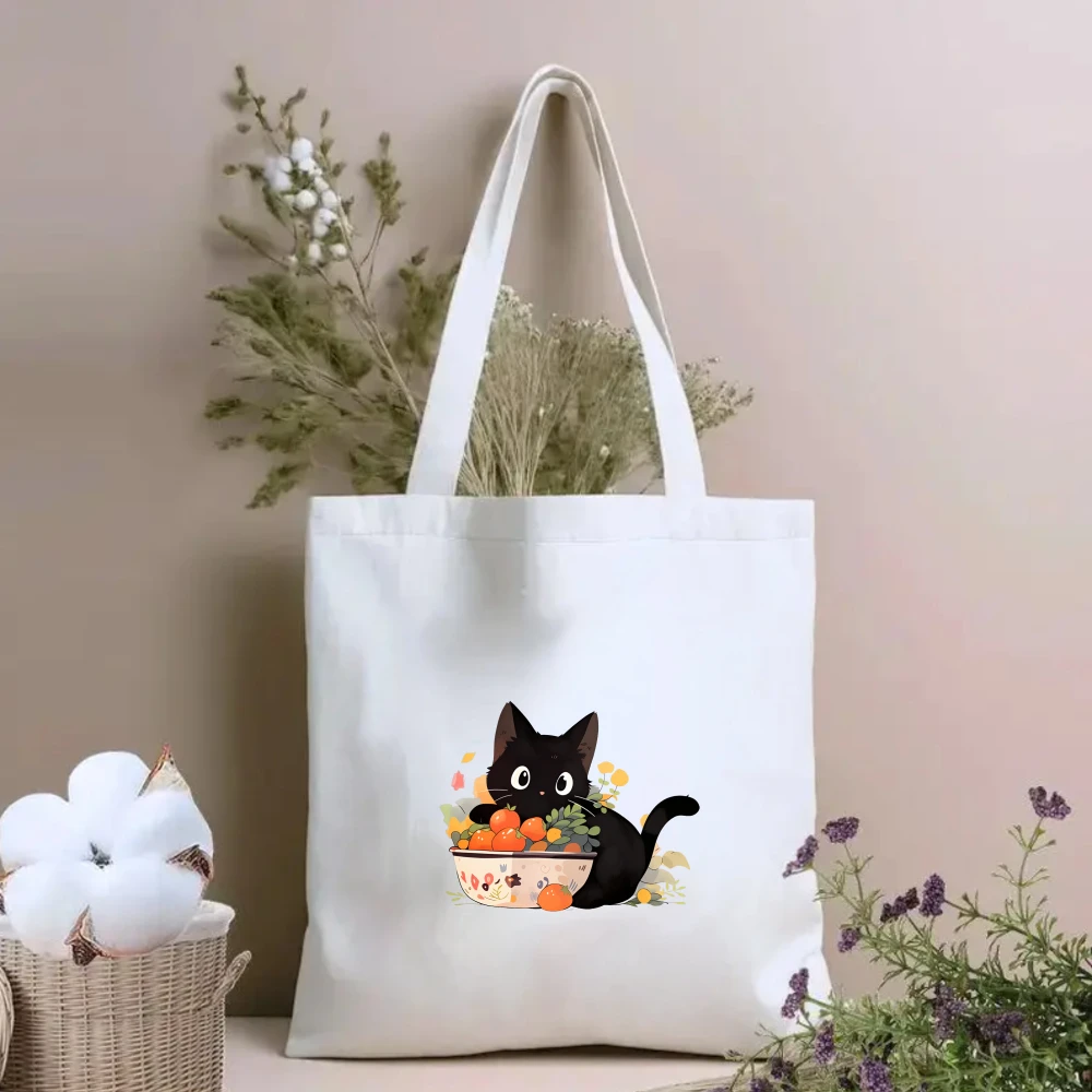Black Cat with Bowl of Oranges Canvas Tote Bag, Adorable Fruit and Cat Print Shoulder Bag for Cat Lovers view 4