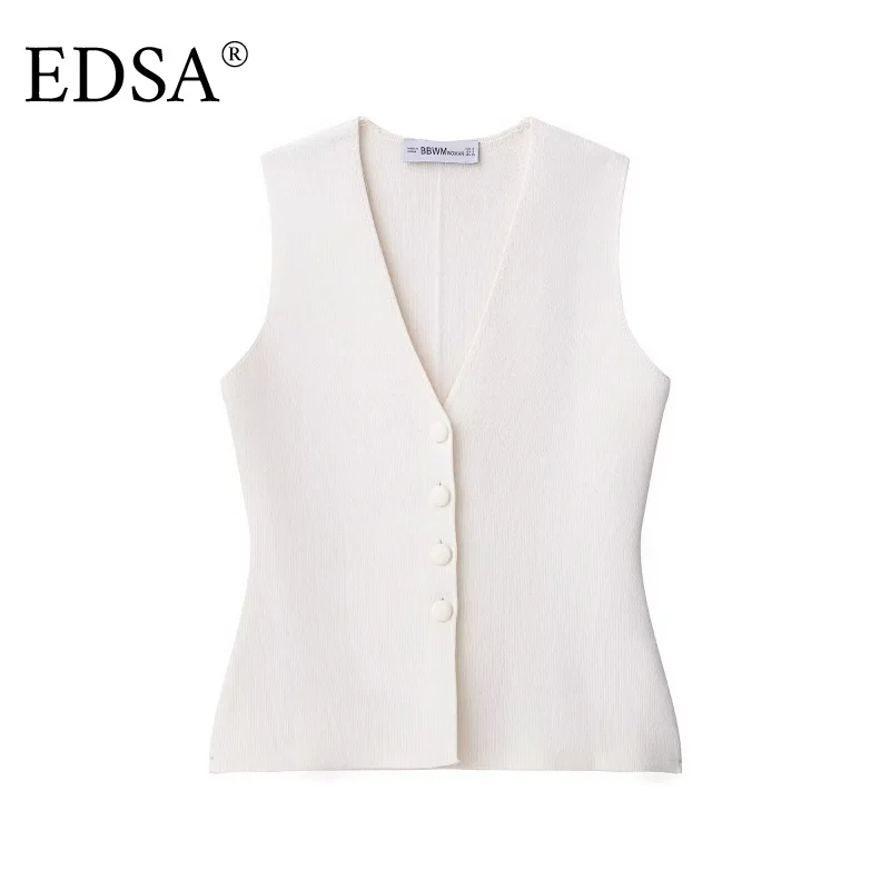 EDSA Gilet da donna in maglia bianca con bottoni e bottoni ricoperti con scollo a V monopetto maglione gilet top femminile