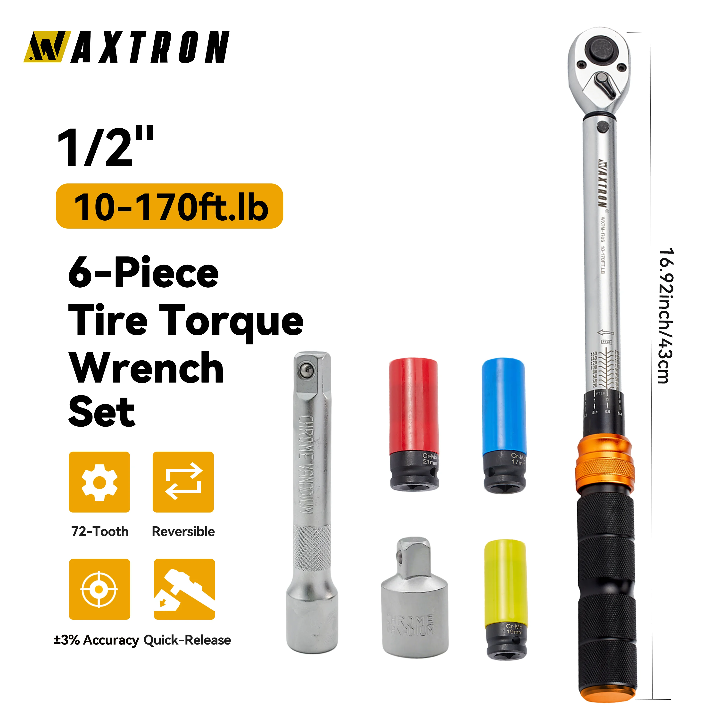 

Динамометрический ключ Waxtron 1/2'' (6 шт.), 10-170 фунт-фут, регулируемый, 72 зубца, ручной инструмент для шиномонтажа, хит продаж