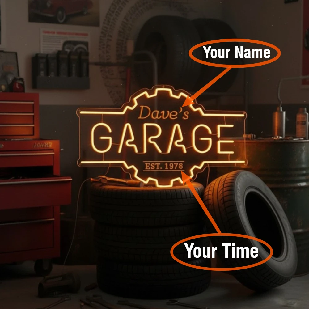 Custom Garage LED Neon Sign USB/Plug Wall-Mounted Garage Decor Perfect Gift for Showrooms Name Gifts Circular Energy-Efficient