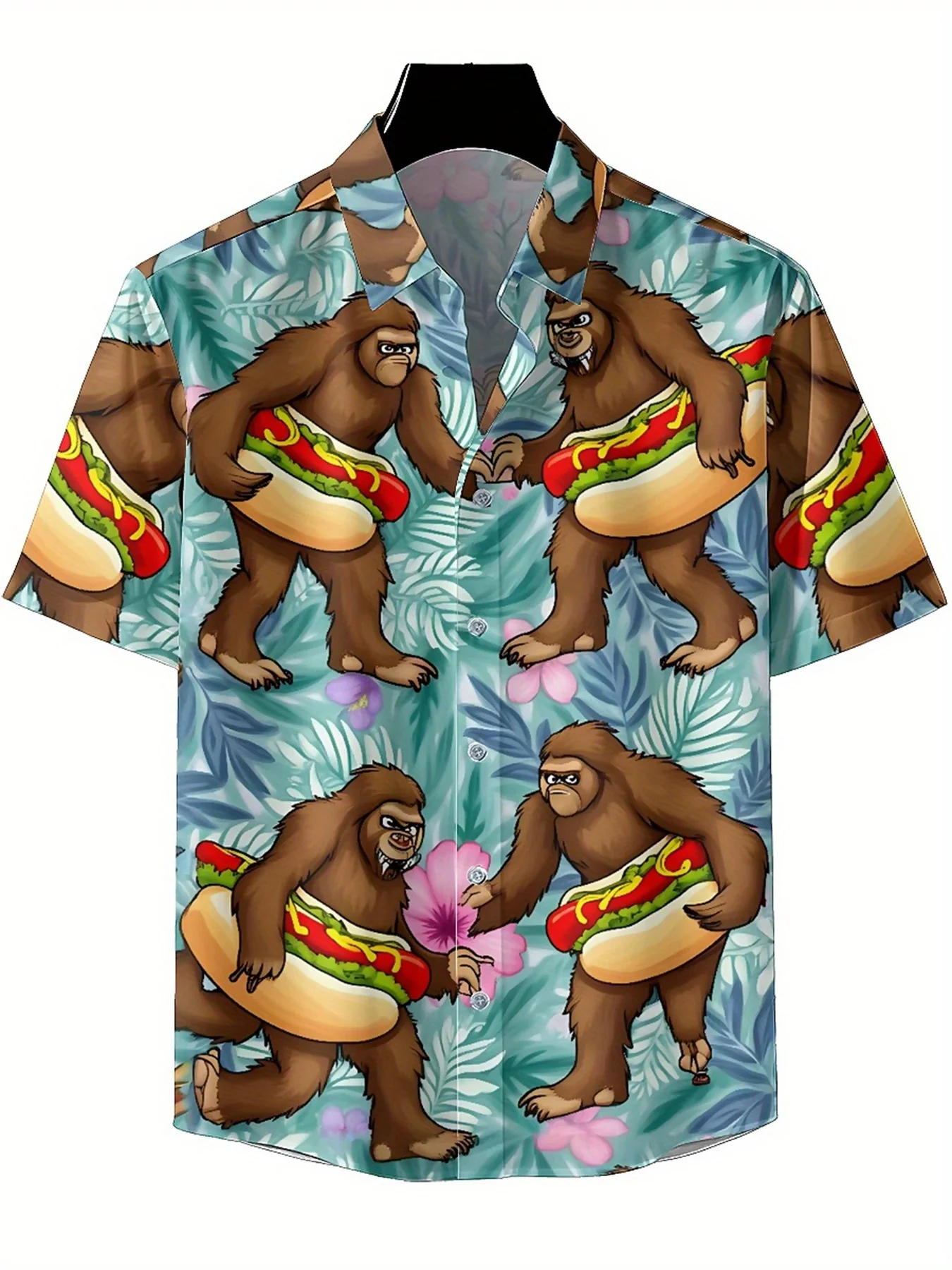 Heren Plus Size Hawaiiaanse Shirts Sasquatch Hot Dog Party-patroon, Premium Comfort Jeugdkleding, Streetwear Y2K Tops