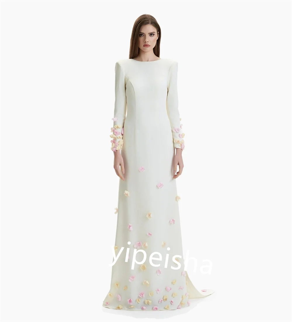 Elegant Jersey Flower Ruched A-line O-Neck Long Dresses Celebrity Dresses Exquisite High Quality Sexy Sparkle Sizes Available