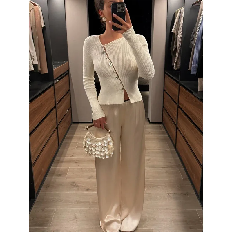 Women Ribbed Short Cardigan Diagonal Silver Shell Button Long Sleeve Irregular Neck Slim Knit Coat Daily Casual Sweater