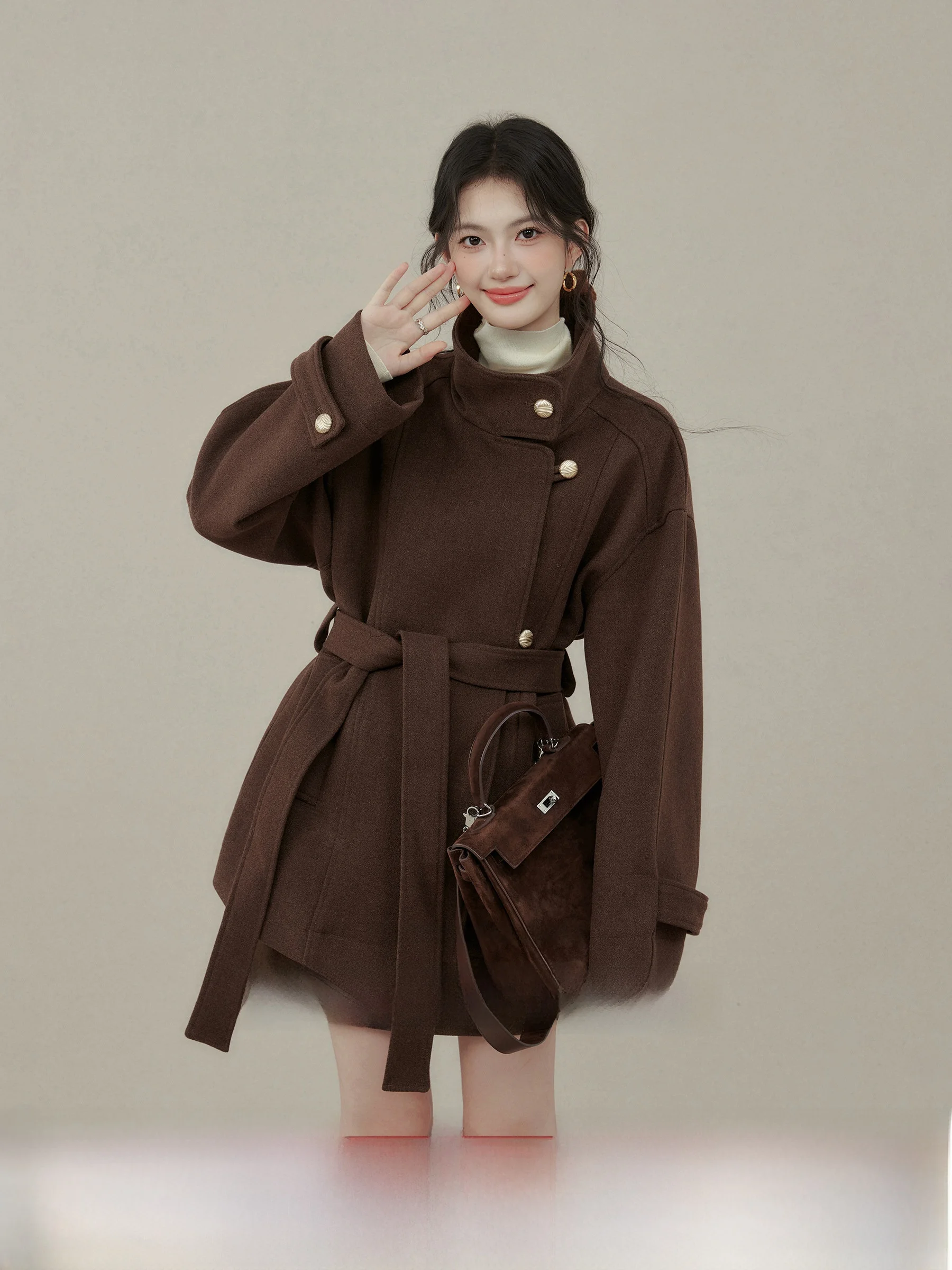 

Parisian Sle Woolen Coat for plus Size Women Stand Collar Waist Cinched Belted k Brown Outerwear Faionable Winter Jaet