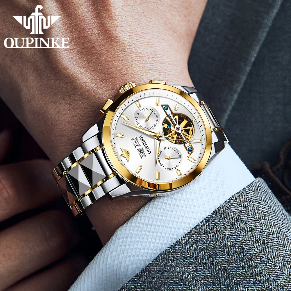 OUPINKE 3290 الأصلي ساعة أصلية الرجال دولاب الموازنة تاريخ كرونوغراف جودة عالية التنغستن الصلب حزام الياقوت مرآة الذكور الساعات