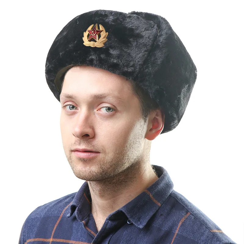 Badge Decorated Ushanka Hat, Thick Fleece‑Lined Warm Earflap Cotton Hat for Northeast Winter Cycling Outdoor