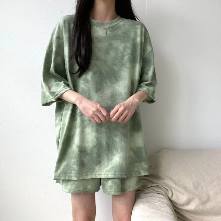 Women T-shirt Two Piece Shorts Set Tie-dye Sport Loose Mid Length Top Mini Shorts Plus Size 2 Pcs Daily Wear Top Suits Outfits