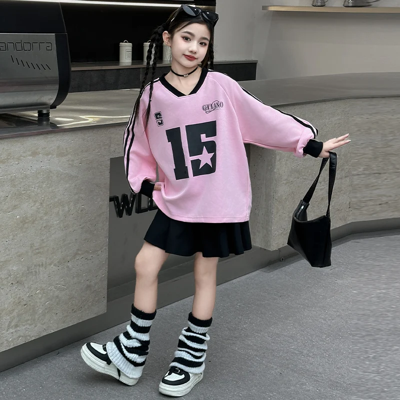 autumn cotton junior girls American sweatshirt 4 6 8 10 12 14 teen V-neck letter loose casual tops children clothes Sports shirt