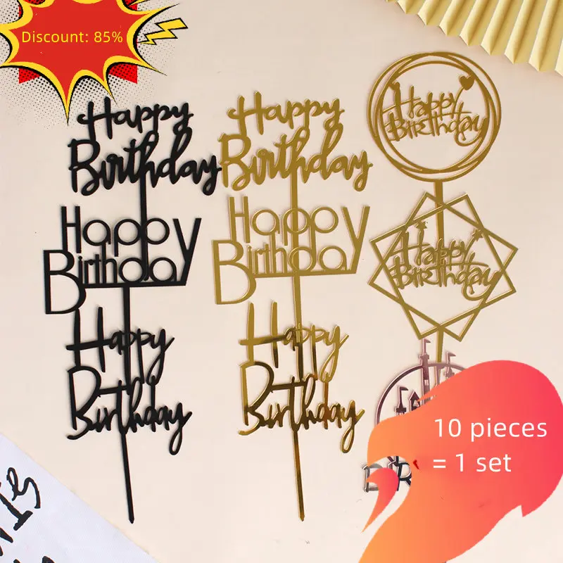 10 Stück Happy Birthday Tortendekoration Gold Acryl Kuchenflagge für Kindergeburtstag Geschenk Tortendekoration Backzubehör – Detail 4