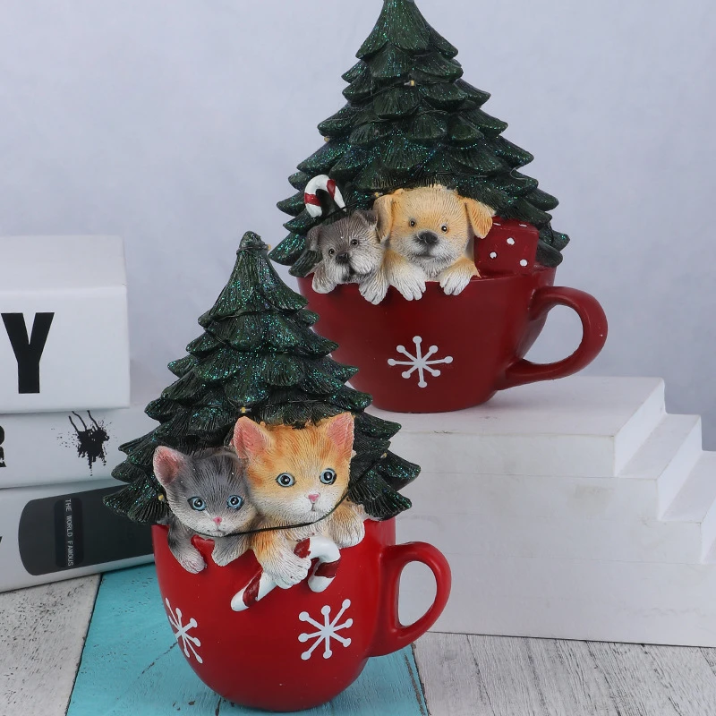 

Christmas Tree Figurines Animal Puppy Kitten Cup Statue Night Light Resin Crafts Tea Cup Shaped Christmas Decorative Lights