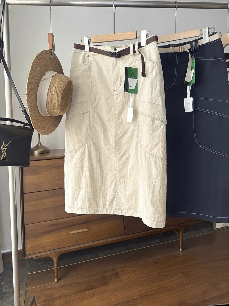 Outdoor Mountain Series Spring Summer Casual High Waist Half Skirt Women's Color Block Belted Workwear Long Dress Split
