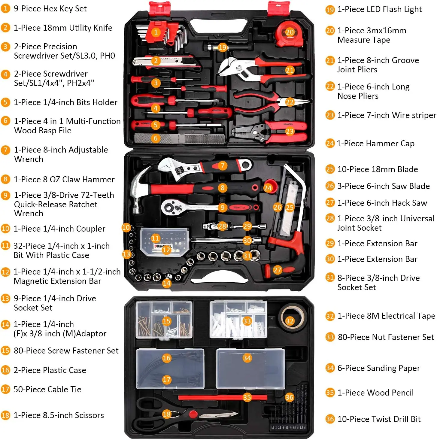 Ensemble d'outils de réparation domestique général, mallette de rangement pour boîte à outils avec MEL, kit d'outils ménagers généraux, pièce