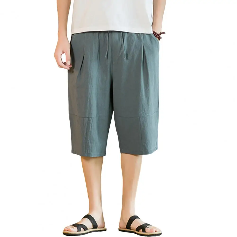 Cropped Pants Breathable Loose-fitting Washable Solid Color with Pocket Protective Men Summer Beach Shorts Cropped Pants