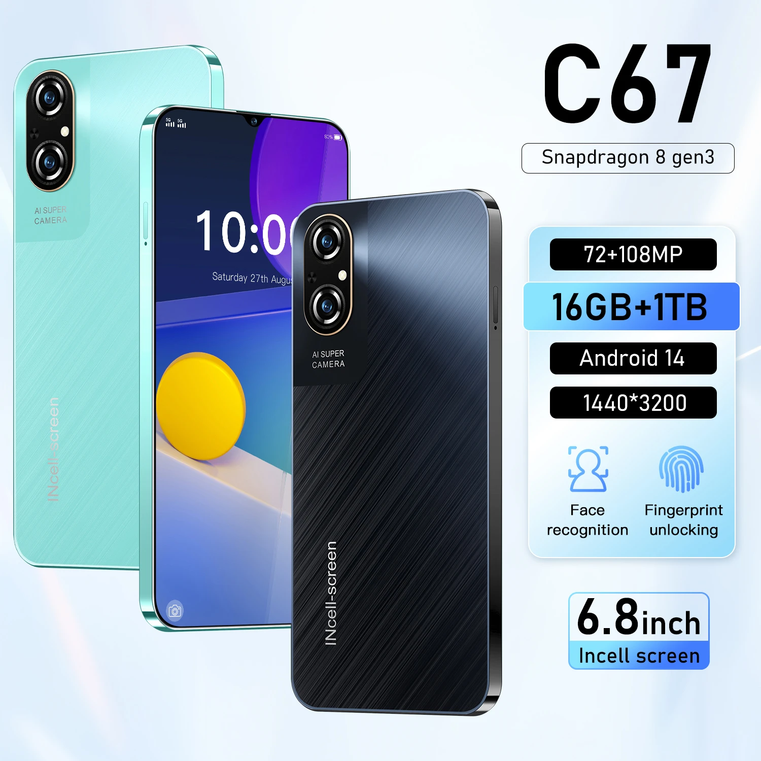 

Cellphones C67 6.8 Inch 4G 5G Face ID Smartphone Original Smart Mobile Phones 6800mAh Android 14 Global Version 108MP Cell Phone