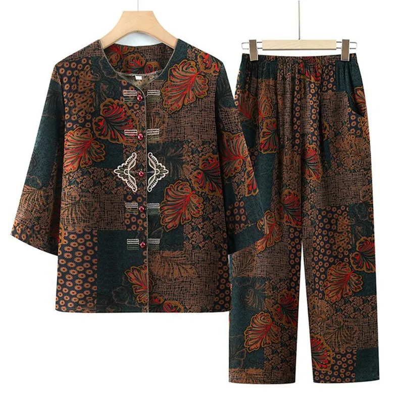 

XL-5XL Grandma Clothing New Retro Spring Autumn Women's Pajamas Set Knitted Cotton Home Suit Big Size Outside Mother Outfit