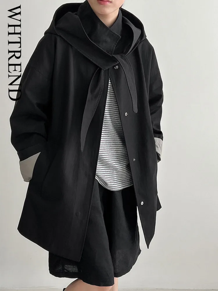 

WHTREND Autumn New Loose Casual Detachable Two-Way Rabbit Ear Hooded Trench Coat For Women Korean Style WH1414