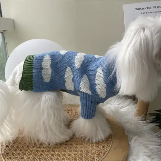 

Blue and white sweater pet puppy dog clothes autumn and winter clothing