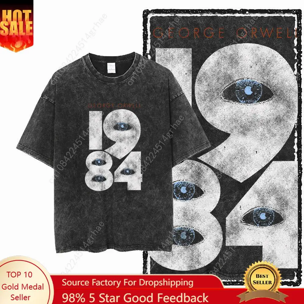 

G02 Exclusive 100% Cotton Big Size 1984 Graphic Men T-shirt | Acid Washed Streetwear Cool Vintage O-neck men's Tee Tshirt