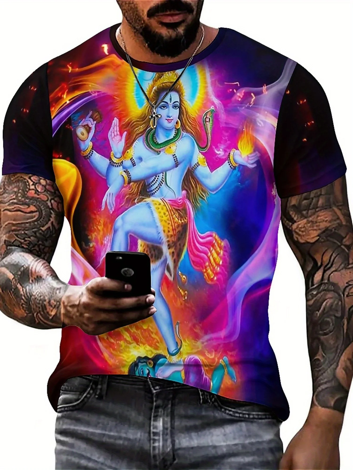 เสื้อยืดกราฟิกเทพเจ้าฮินดูที่มีชีวิตชีวาสำหรับผู้ชาย - โพลีเอสเตอร์เนื้อนุ่ม แขนสั้น คอกลม ใส่สบายและลำลอง