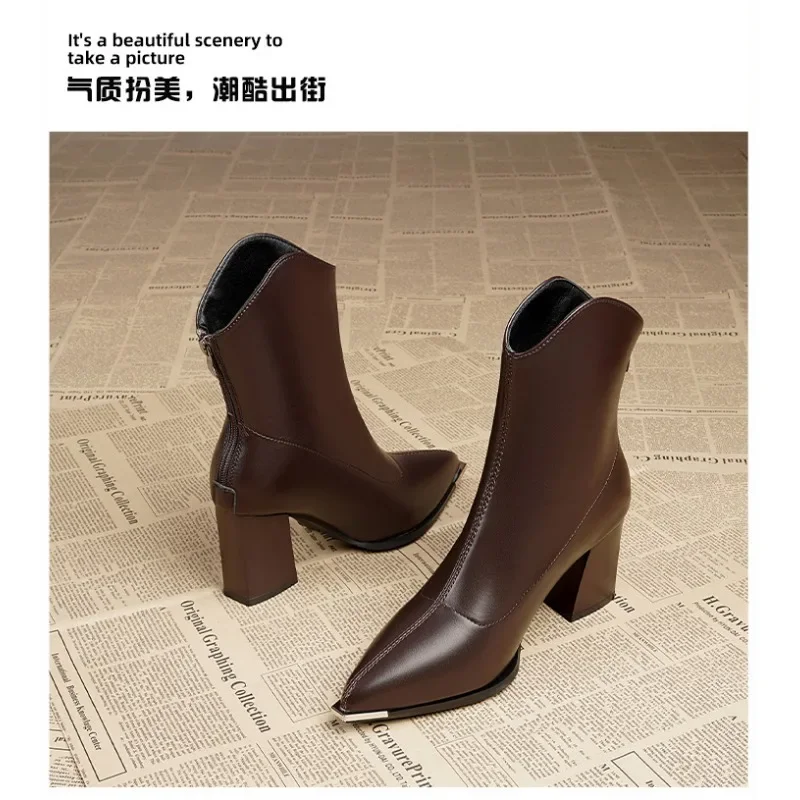 Bottes d'hiver à talons hauts pour femmes, chaussures de luxe, gros rinçage, Parker pointu, fermeture éclair, escarpins gothiques, chaussures de marque, mode sexy, nouveau, 2024