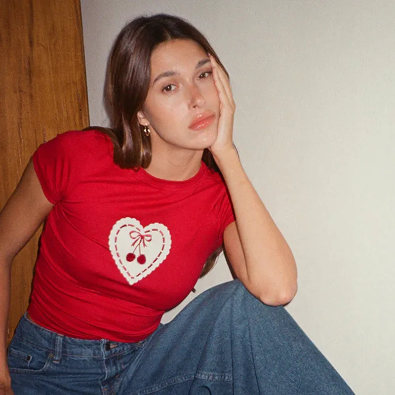 

Women's Retro Sweet Red Heart Cherry Printing Fairy Crop Top Harajuku Streetwear Casual E-Girl O-Neck Slim Short Sleeve T-shirts