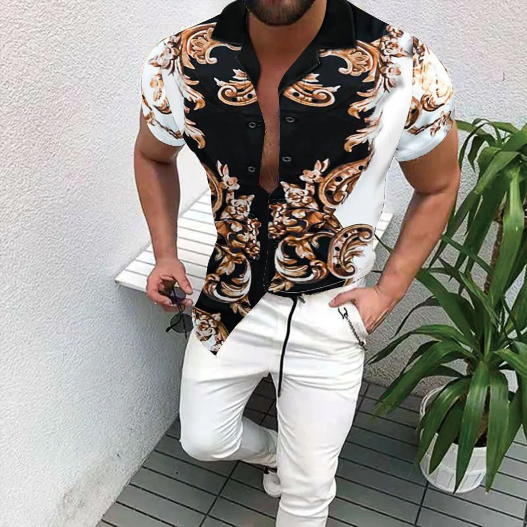 Summer fashion floral print casual short sleeve cardigan slim Harajuku men\'s street top Summer casual men\'s gold luxury printed