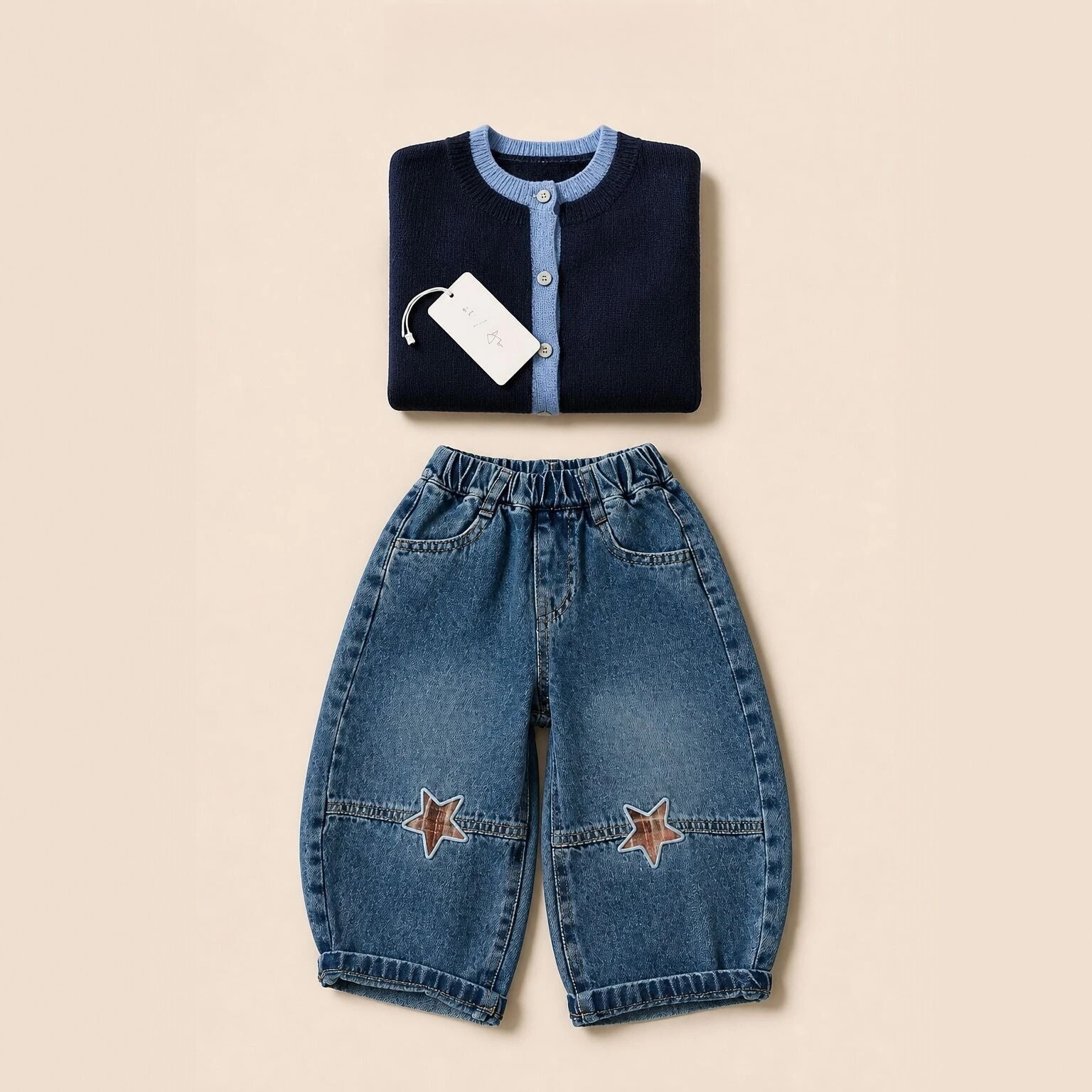 Boys' Spring and Autumn Coat Set 2026 False Two-piece Navy Knit Sweater and Casual Loose Elastic Waist Two Price Sets