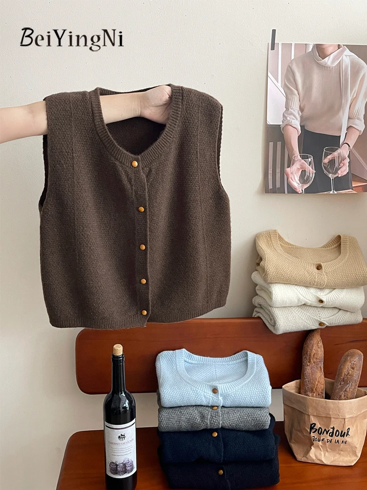 

Beiyingni Woman's Sleeveless Cardigans Single Breasted Kpop Style Outwear Knitted Vest Female Autumn Winter 2025 Street Sweaters