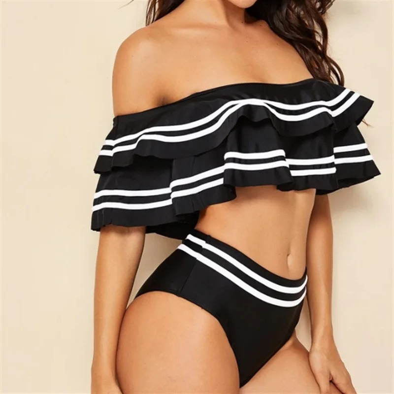 TEELYNN black striped 2024 women bikini set two pieces sexy off shoulder ruffles high waist bathing suits summer beach swimsuits