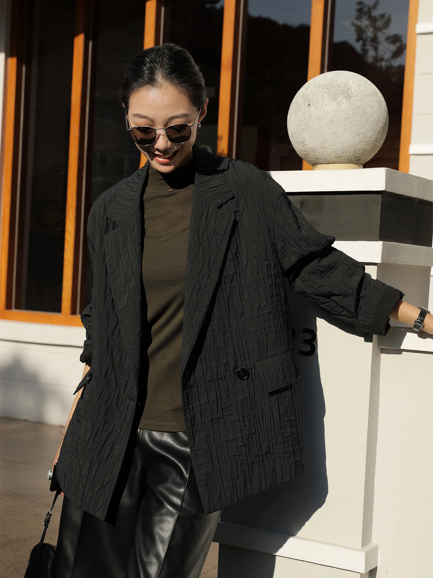 

Textured Stripe Long Sve Women's Coat Spring New Sle Loose Fit Medium Length Casual Faion Polyester Nylon