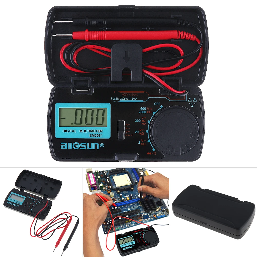 EM3081 Mini LCD Display Digital Multimeter with One Pair Test Pen for Measuring DC AC Voltage and  DC Current / Resistance