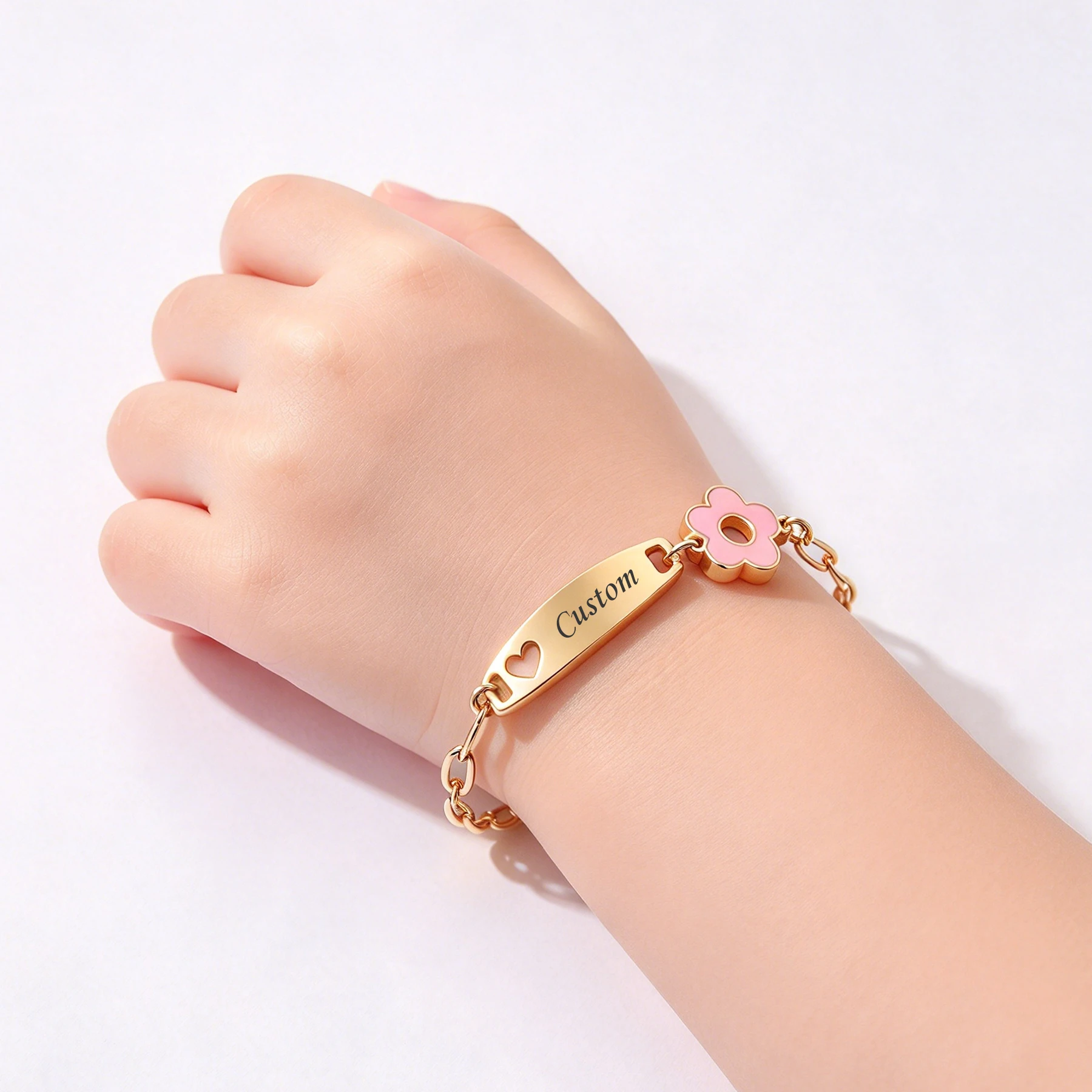 Custom Personalized Kids Engraved Name Bracelet Stainless Steel Colorful Enamel Flower Adjustable Children Keepsake Jewelry Gift