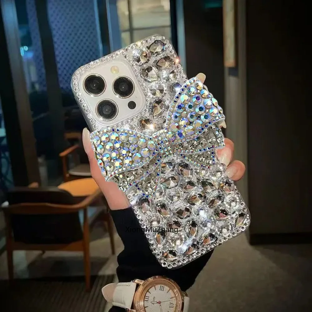 Vollständig mit Diamanten besetzte Handyhülle für iPhone 11 12 13 Mini 14 15 Pro Max 16 18 17 Pro Max Xs Max Luxuriöse Handgefertigte Schleifen-Handyhülle mit Kristallen – Detail 8