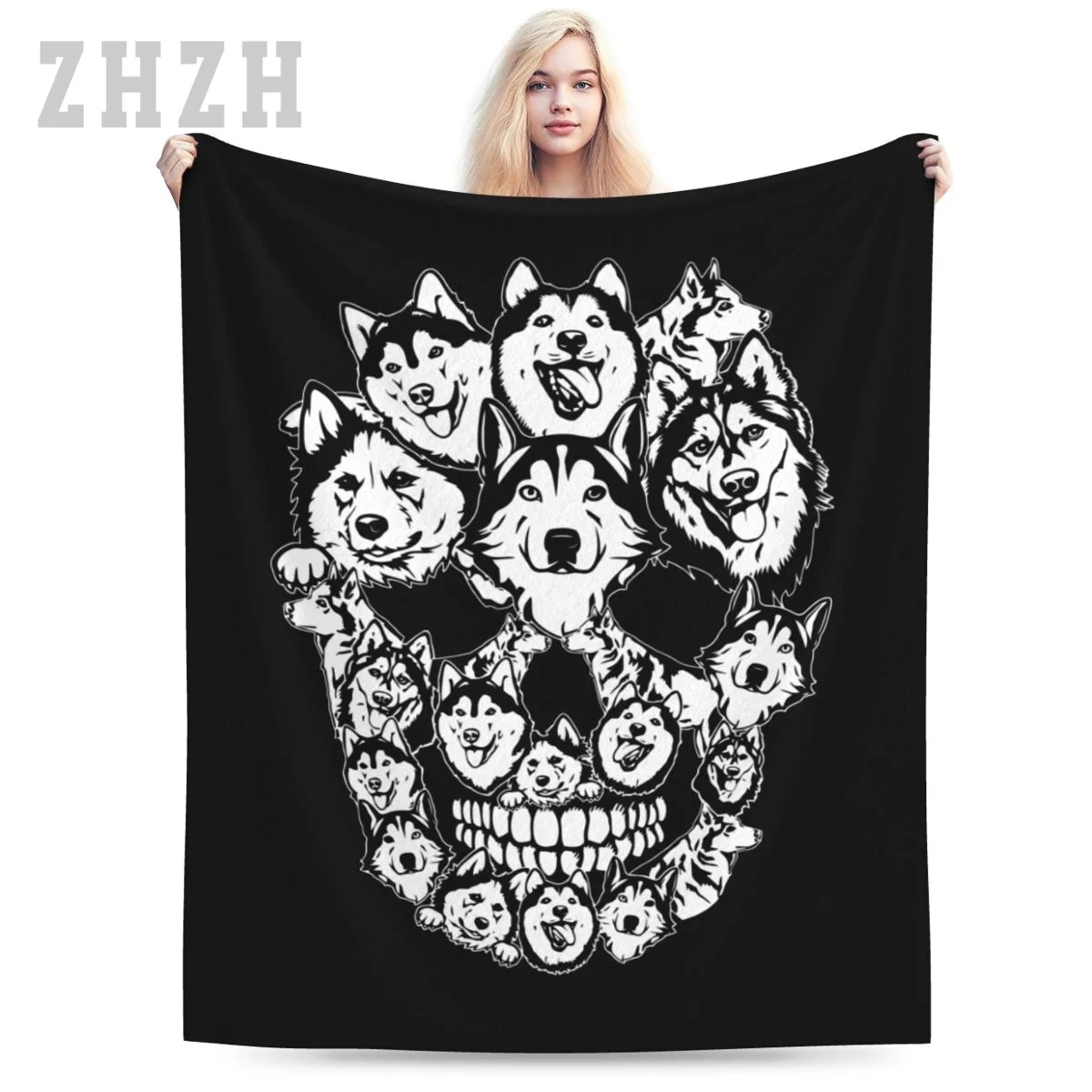 Blanket Halloween Costume Skull Siberian Husky Dog Lover Flannel Multifunction Camping Sofa Cover Keep Warm