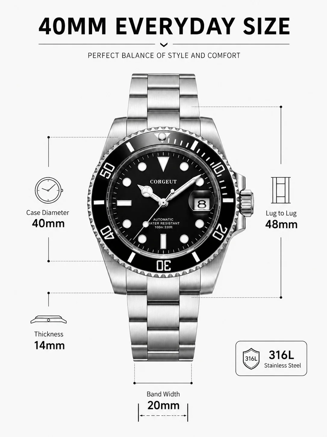 CORGEUT 6001G NH35 Automatische Taucheruhr 40mm Saphirglas 100M Wasserdicht Stahlarmband – Detail 4