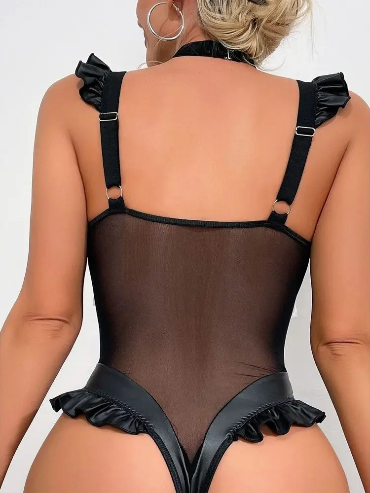 M-XXL Sleeveless Faux PU Leather Mesh Camisole Bodysuit Tights Hot Sexy Body Teddies Deep V-neck Swimsuit Cosplay Clubwear Tops image 5