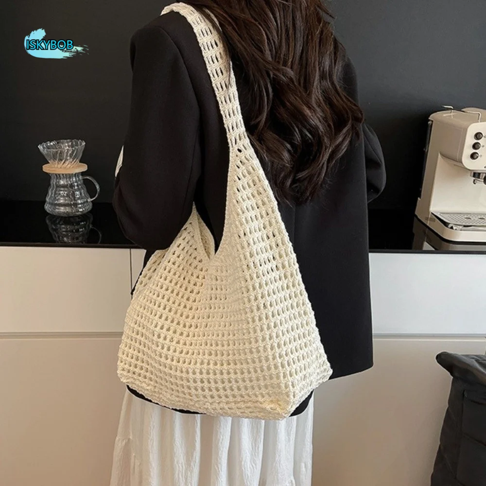 

Solid Color Knitted Shoulder Bag Bohemian Style Large Capacity Crochet Mesh Tote Bag Convenient Versatile Woven Handbag Ladies