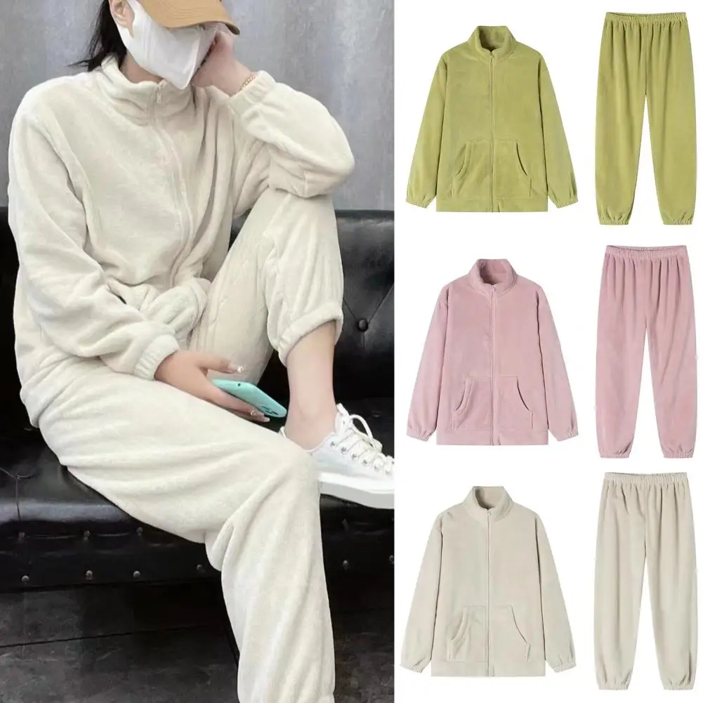 

2 Pcs/Set Winter Pajamas Set Thickened Coral Fleece Stand Collar Long Sleeves Top Elastic Waist Trousers Homewear Coat Loungewea