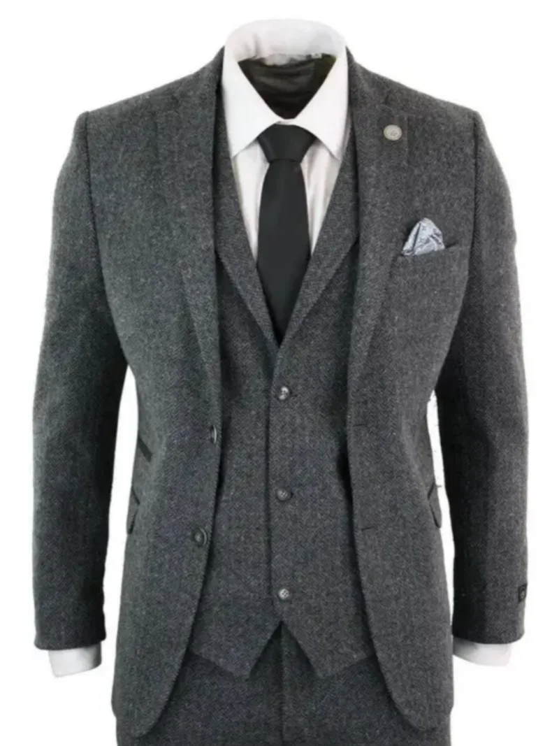 3 Piece Gray Wool Tweed Winter Suit for Men Herringbone Slim Fit Formal Groom Tuxedo Wedding Male  Suits (Jacket+Vest+Pants)