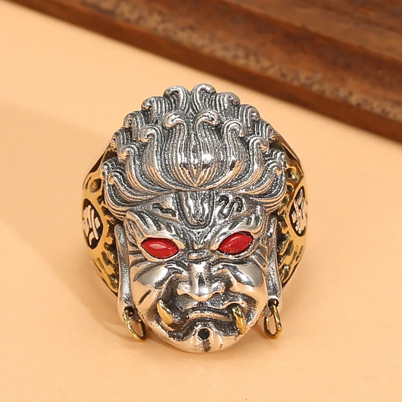 

S925 silver retro fashion ring agate men's domineering Thai Silver index finger ring open ring