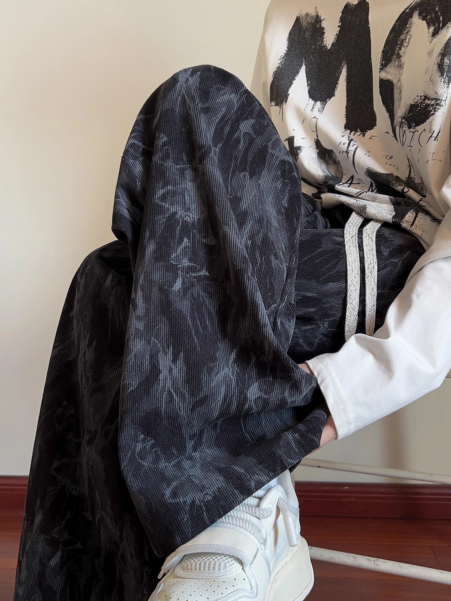 

Американские вельветовые мужские повседневные брюки с принтом тай-дай, осенне-зимние прямые брюки, цветная блузка, широкая модная уличная одежда