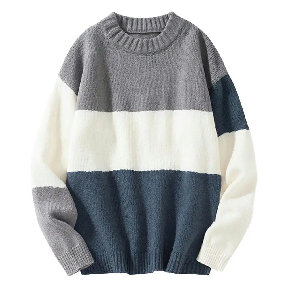 Men Loose Cut Sweater Lightweight Breathable Knitted Sweater Men\'s Colorblock Knitted Sweater with Round Neck Long for Fall