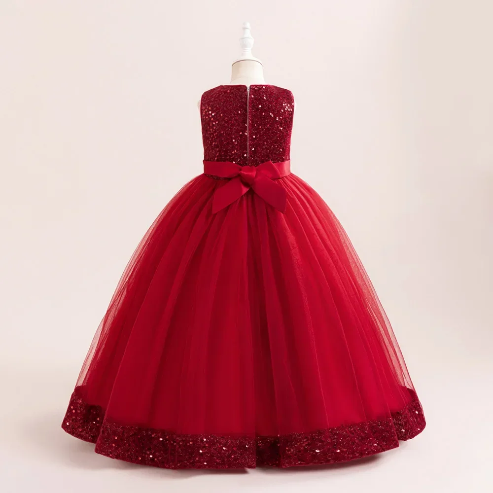 Girl Sparkly Sequins Red Long Dress Short Sleeve Girl Dresses Tulle Kids Birthday Party Pageant Chirstmas Gown Junior Bridesmaid