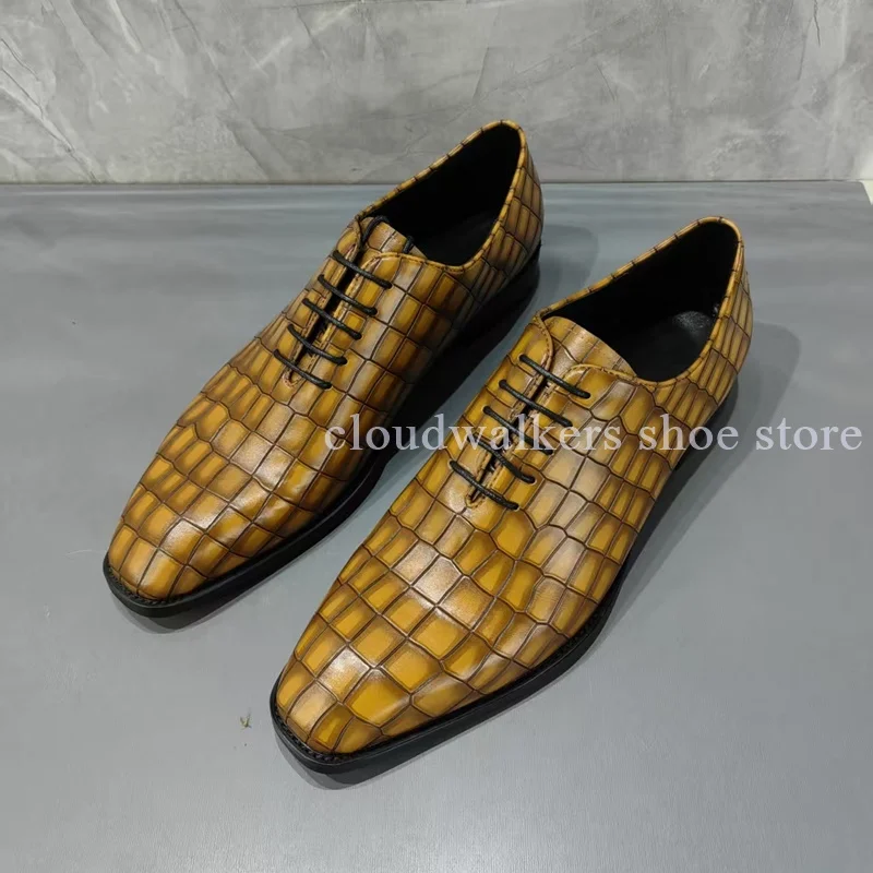 

Men's Good Quality Brown Yellow Crocodile Texture Leather Shoes Small Square Toe Flat Lace Up Fashion Suit Matching Leather Shoe