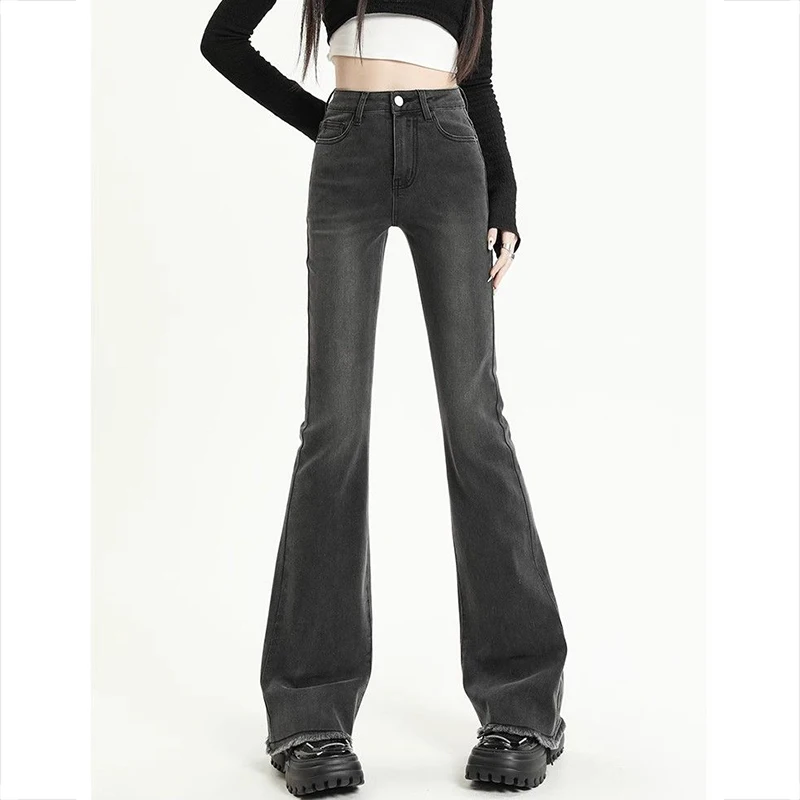 

2025 женские облегающие тонкие джинсы с высокой талией, женские классические однотонные брюки-клеш, шикарные модные рваные джинсовые брюки для девочек