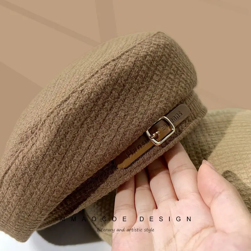 Women's flat top beret with belt buckle vintage Hong Kong style versatile trendy for street looks influencer favorite  arrival