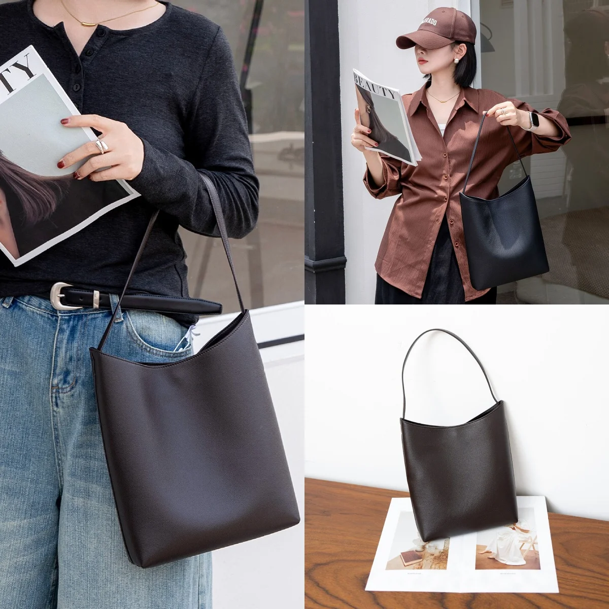 Korean-style Womens Genuine Leather Bucket Shoulder Bag 2026 New Top-Grain Cowhide Simple Versatile Commuter Tote Bag